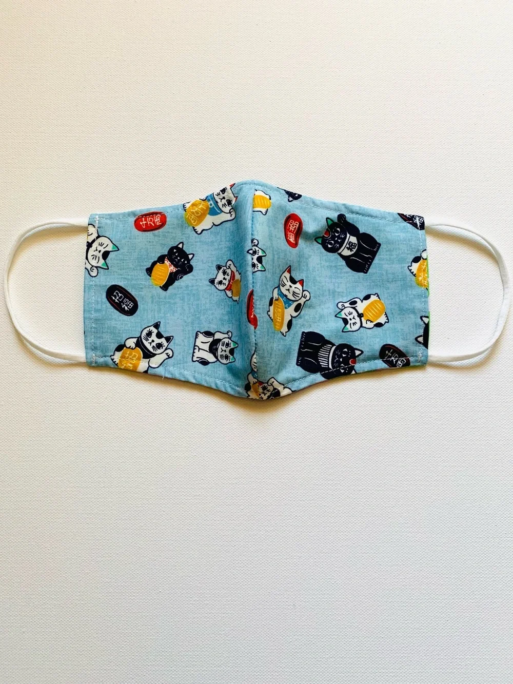 NEW Handmade Blue Lucky Cat Print Kids Cotton Face Mask